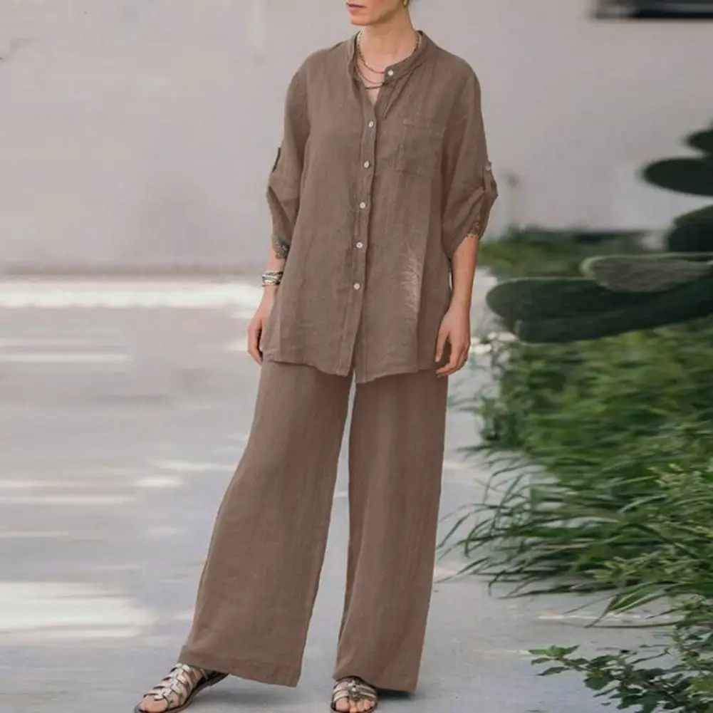 Women Casual Two-piece Suit Versatile Women's Homewear Set Stylish Stand Collar Shirt Wide Leg Pants for Comfortable Chic