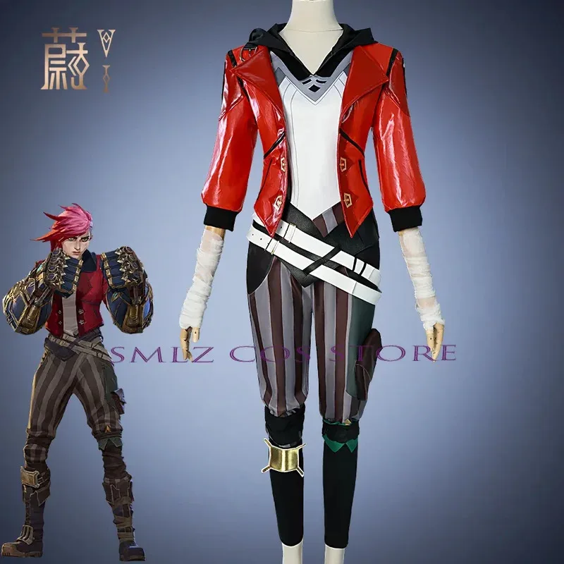 Game LOL Arcane Vi Cosplay Costume Piltover Enforcer Outfit Vi Uniform Red Wig Suit Halloween Carnival Role Play Props Woman