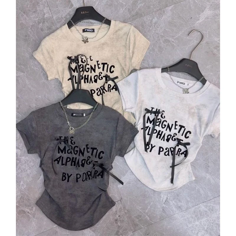 Sweet 3D Bow Letter Print Women T Shirts Y2K Summer O Neck Short Sleeve Slim Female Tops Korean Chic Lolita Folds Crop Tees