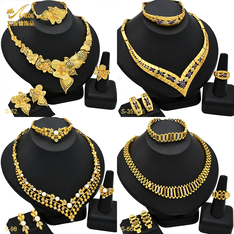 

ANIID Indian Design Luxury 24k Gold Plated Choker Sets For Women Africa Bridal Party Flower Necklace Set for Dubai Jewelry Gifts