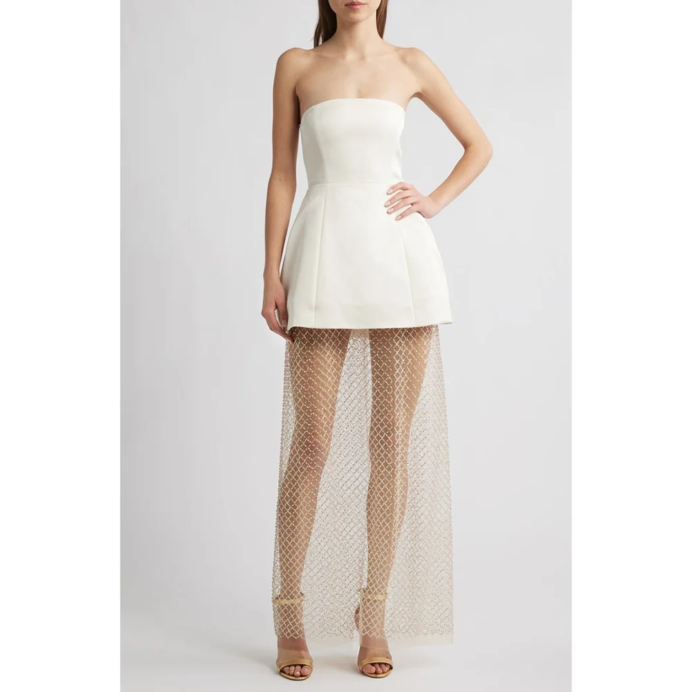 

Chic White Strapless A-Line Mini Dresses For Formal Banquet High Quality Sleeveless Lace Patchwork Evening Dress