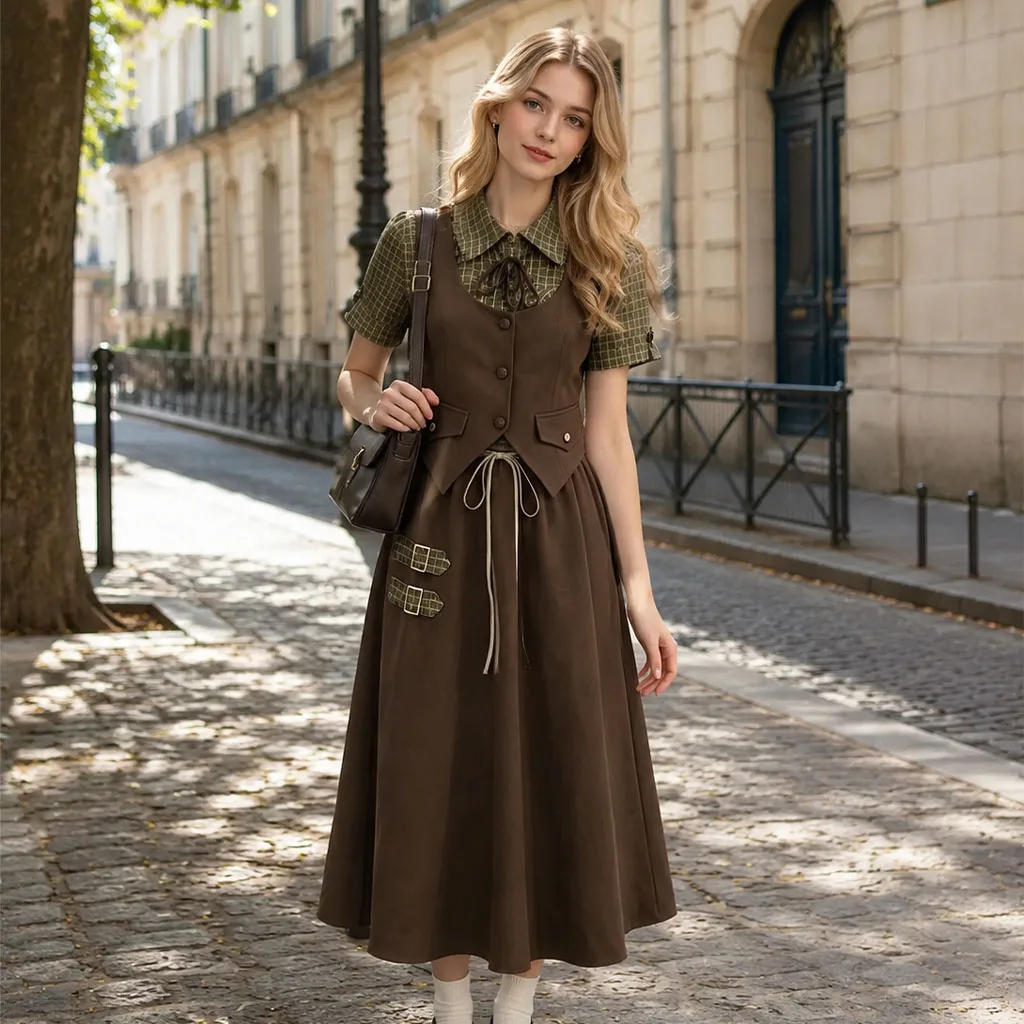 Women Vintage Cottagecore 3-Piece Set Plaid Tie Neck Shirt Brown Vest Pocket A-Line Midi Skirt Drawstring Buckle Elegant Retro