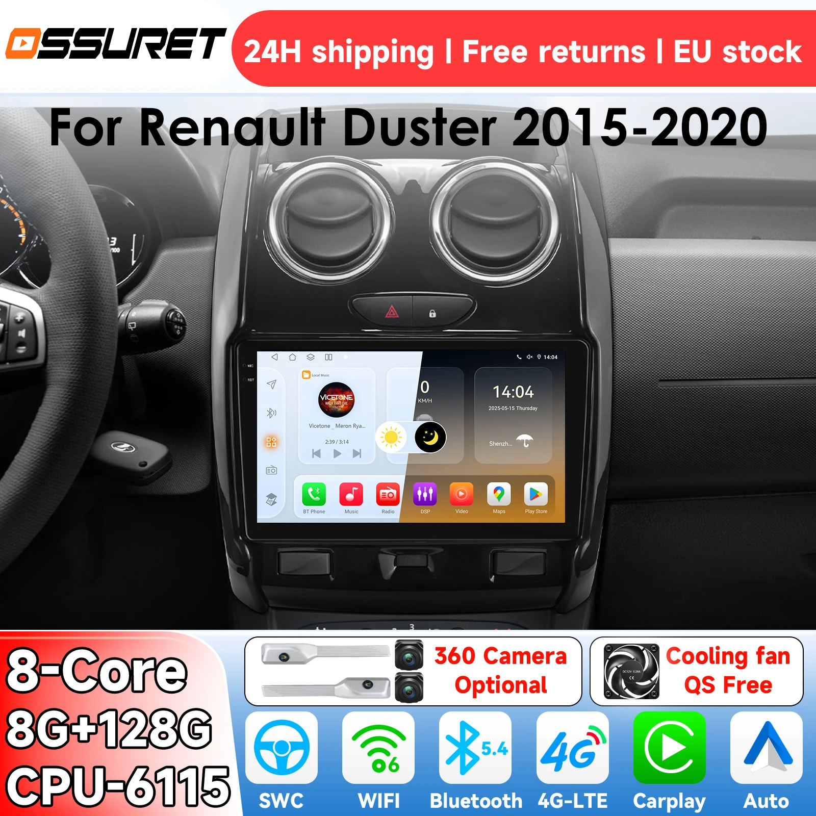OSSURET AI Android 14 Autoradio pour Renault Duster 2015-2020 Système Intelligent Carplay Lecteur Multimédia Vidéo GPS 4G 6115
