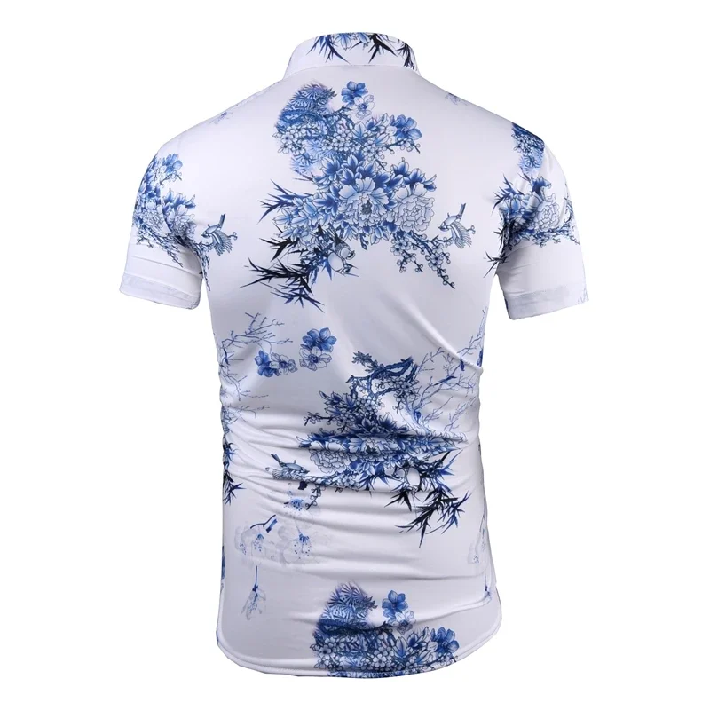 Men's Shirt Chinese Summer Ice Silk Blue White Porcelain Print Men's Casual Fashion Versatile Hawaiian Shirt