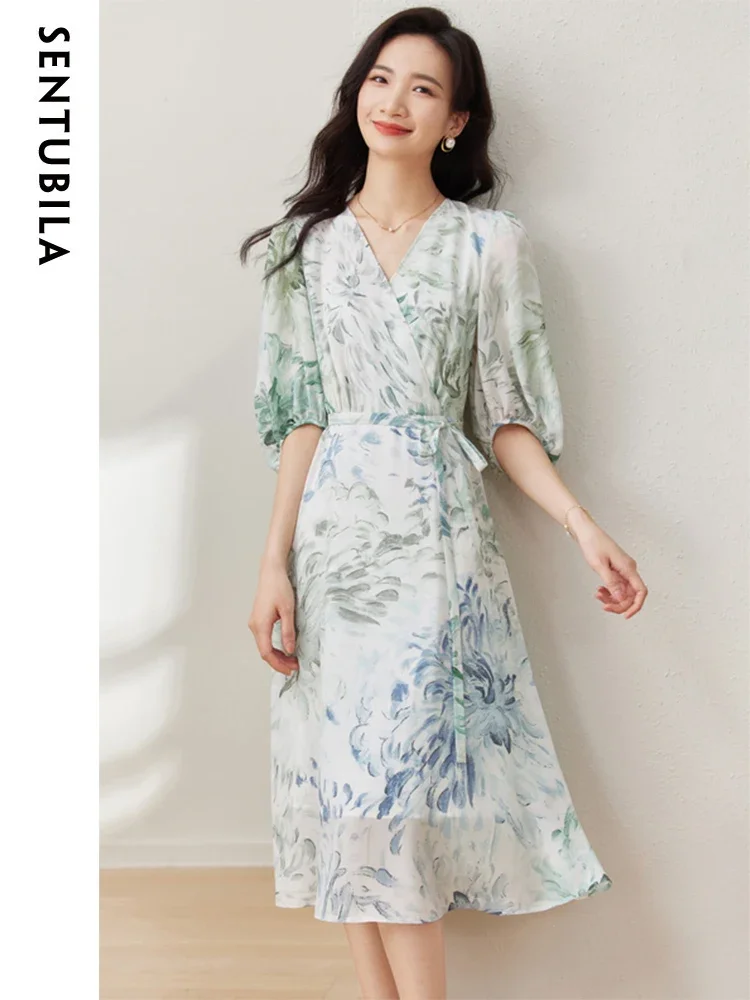 SENTUBILA Women's 100% Mulberry Silk Floral Print Dress 2023 Summer Elegant V-Neck Lantern Sleeve Beach Midi Dresses 132L50179