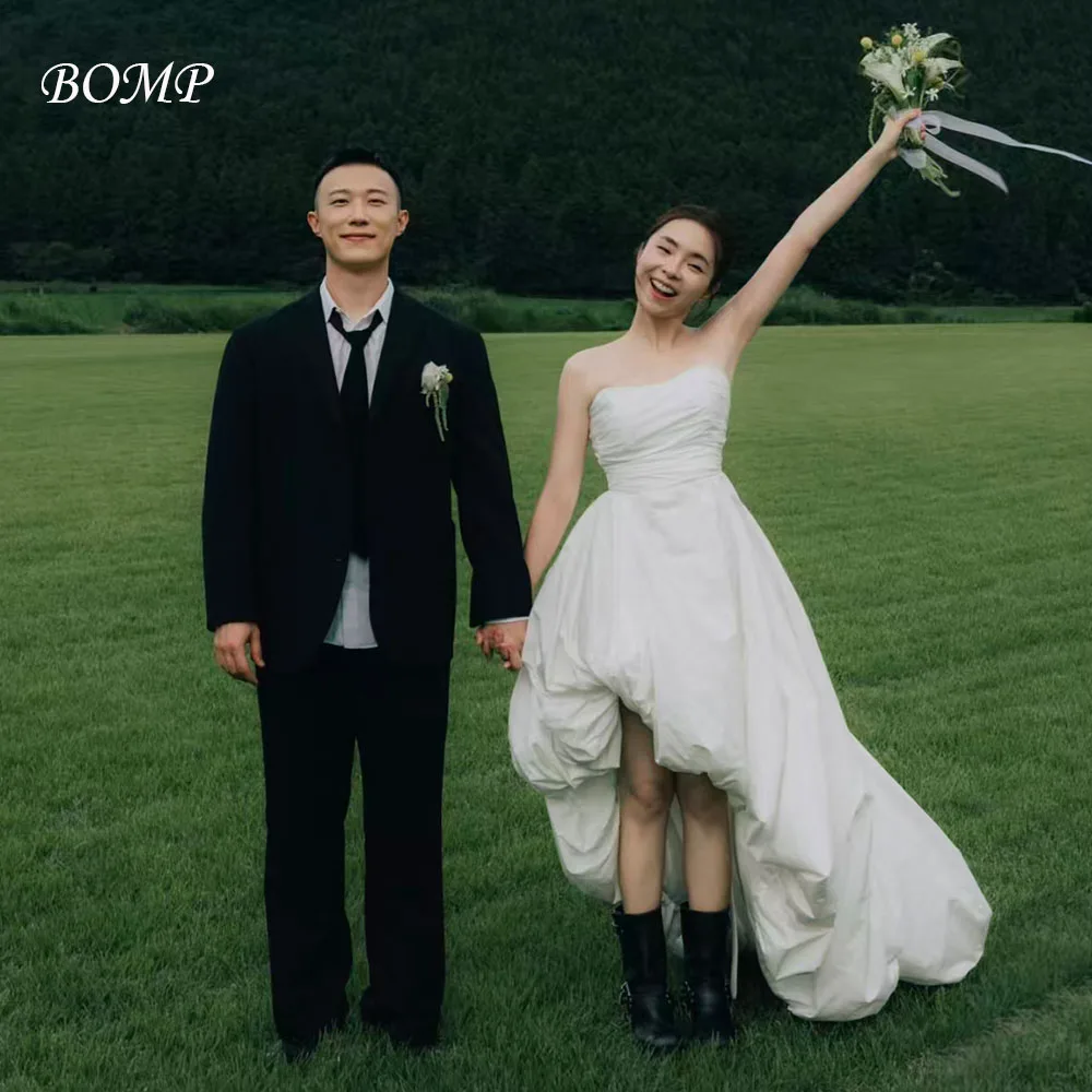 

BOMP Simple High Low Wedding Party Dress Strapless Ivory Satin Pleat Korea Photo Shoot Bridal Reception Gown Customized Classic