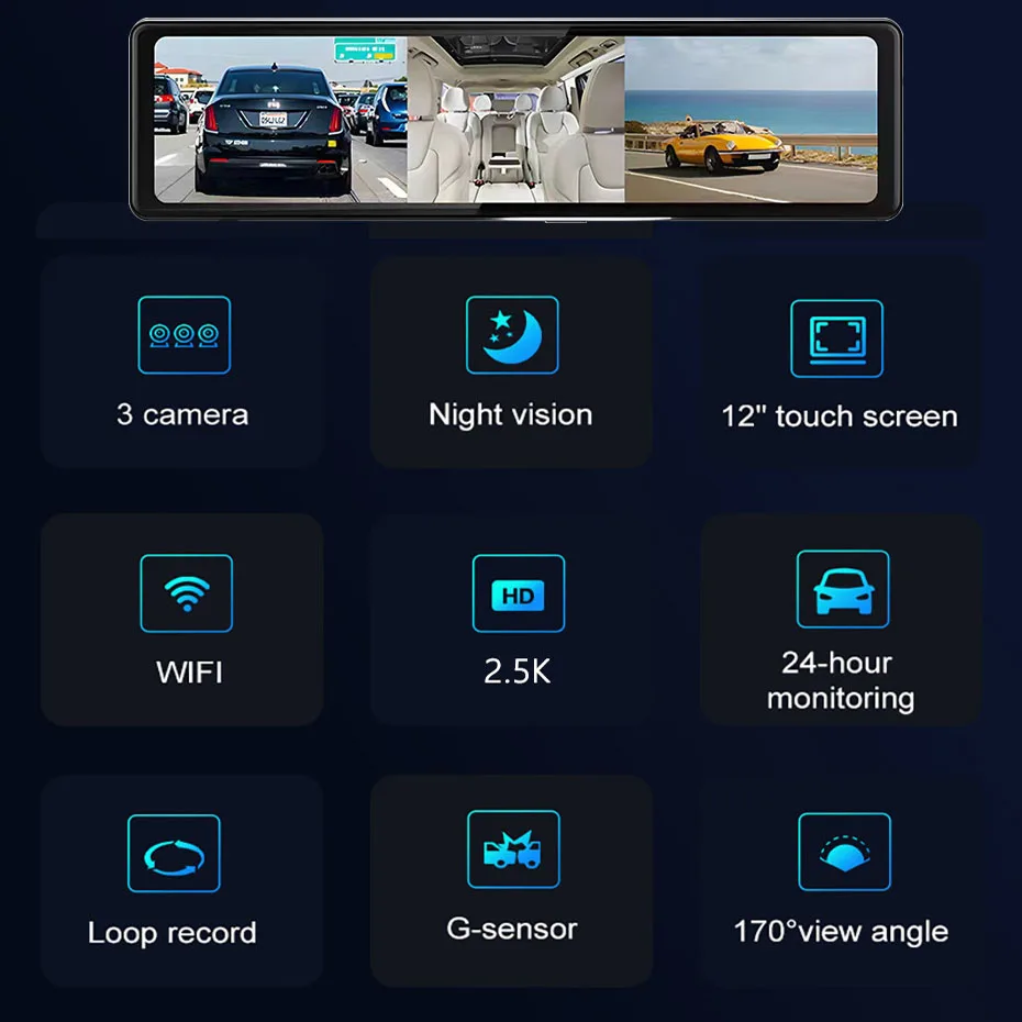 12 Inch 3CHs Rear View Mirror 2.5K Wireless CarPlay Android Auto Car DVR 1440P DashCam Camera WIFI GPS Navigator Video Recording