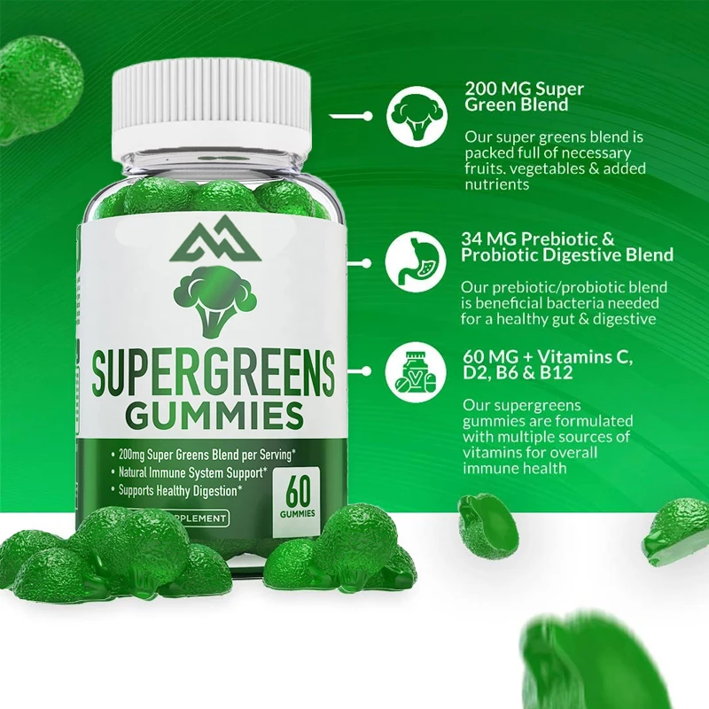 

Daily Green Superfood Spinach, Broccoli, Moringa, Beetroot, Celery, Green Tea Provides Immune Support with 60 Soft Candies