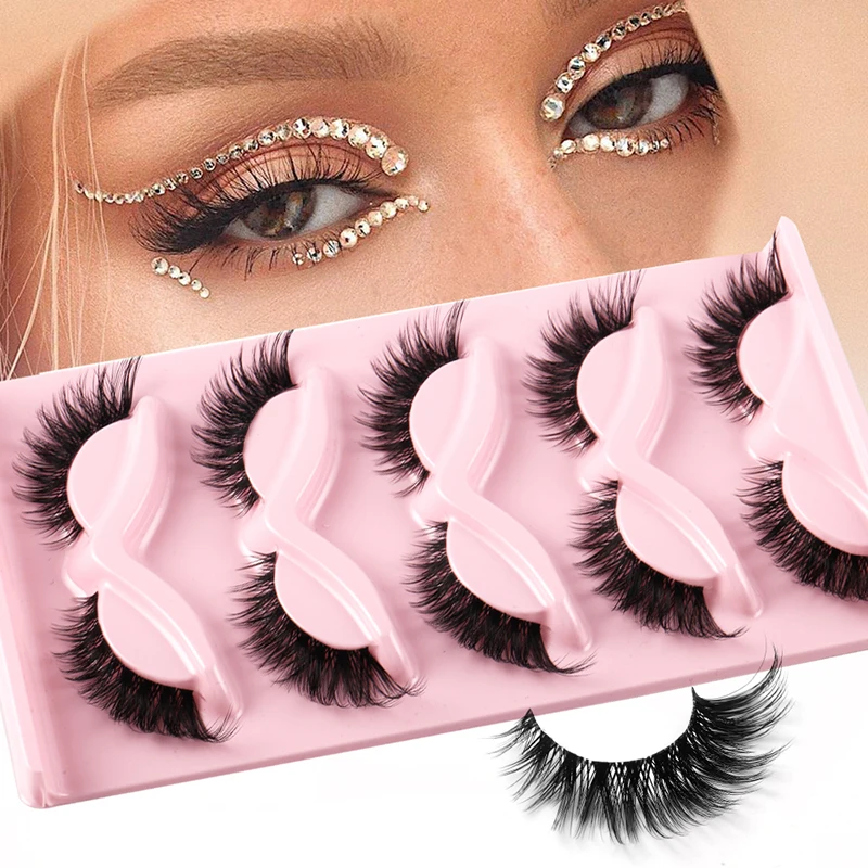 5 Paar Wimpern, Manga-Wimpern, 3D-Wimpern mit klarem Band, natürlicher Look, dünne Wimpern, flauschige Katzenaugen-Wimpern, Packung gefälschte Wimpern