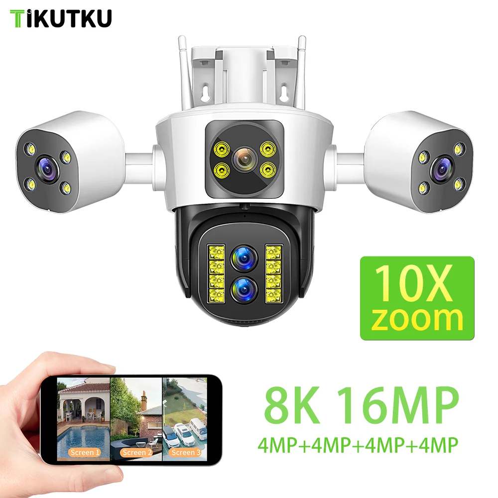 8K 16MP IP Camera Four Lens Three Screen Outdoor WIFI 10X Zoom CCTV Security-Protection Auto Tracking Surveillance IPC360 Home