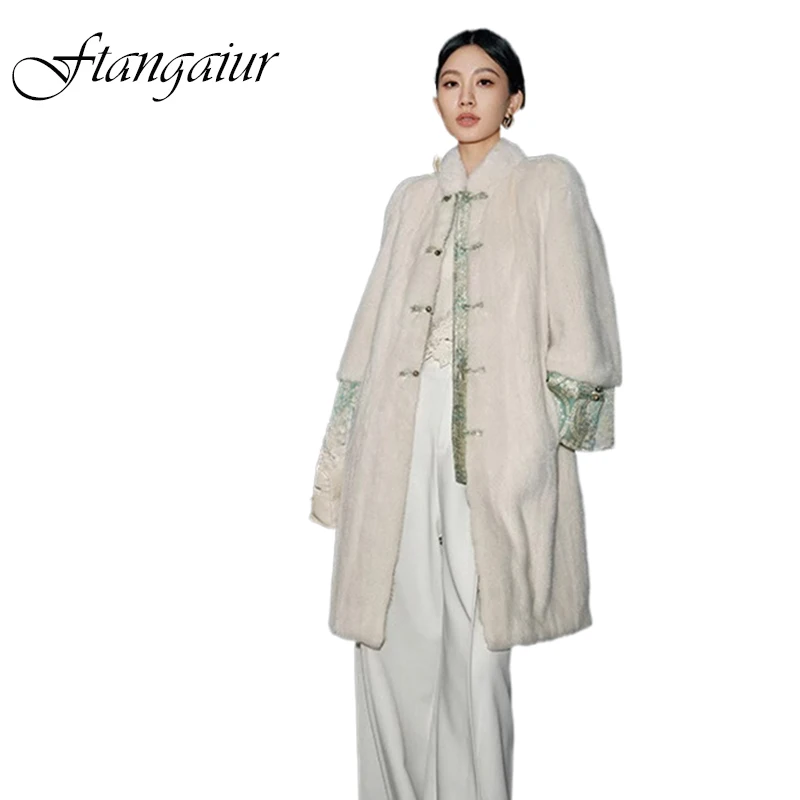 Ftangaiur Winter Import Velvet Mink Fur Coat Mandarin Collar China Style Mink Coat Women Medium Natural Real Mink Fur Coats
