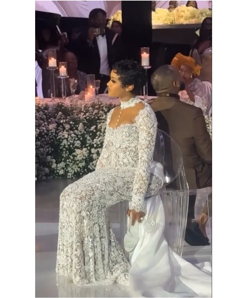 Lace Mermaid Dress with Train Pearls Evening Dresses High Neck and Long Sleeves Bridal Gown Customizable Boho Trailing Gown