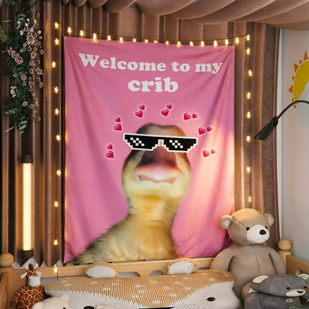 1pc Cute Duck Welcome to My Crib Flag, room decoration items, Indoor Outdoor Decor for Party Dorm Bar Bedroom Front Door