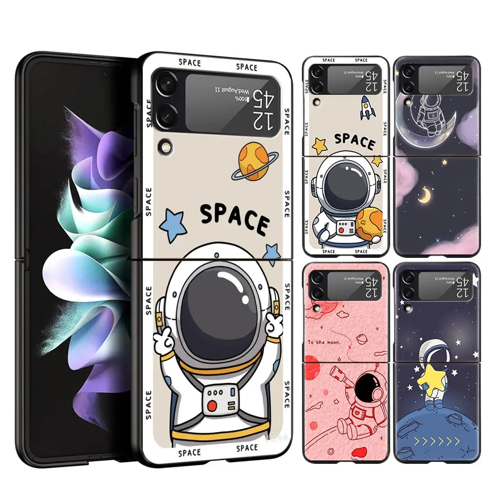 Z Flip 4 Phone Case for Samsung Galaxy Z Flip 3 5G ZFlip3 Flip3 zflip Flip4 Black Hard Cover Cute Space Astronaut Cartoon Shell