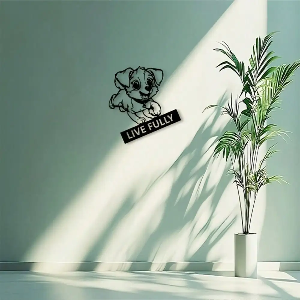 Brand 2D Flat Puppy Metal Wall Art,Laser‑Cut Cheerful Pet Dog Silhouette Mural for Living Room