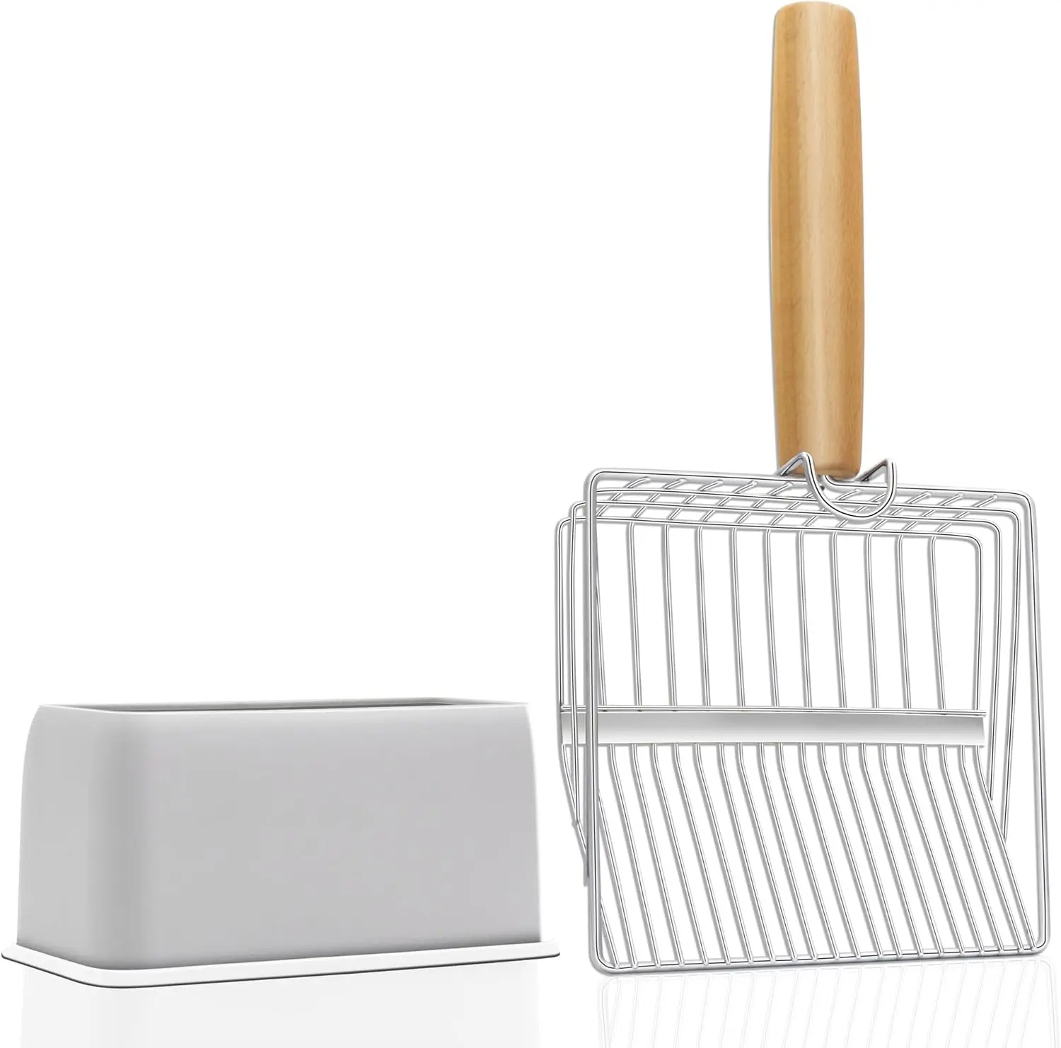 Fast Sifting Cat Litter Scoop with Holder, 2 Widths Slots Stainless Steel, Ergonomic Wood Handle, Heavy Duty Easy Clean