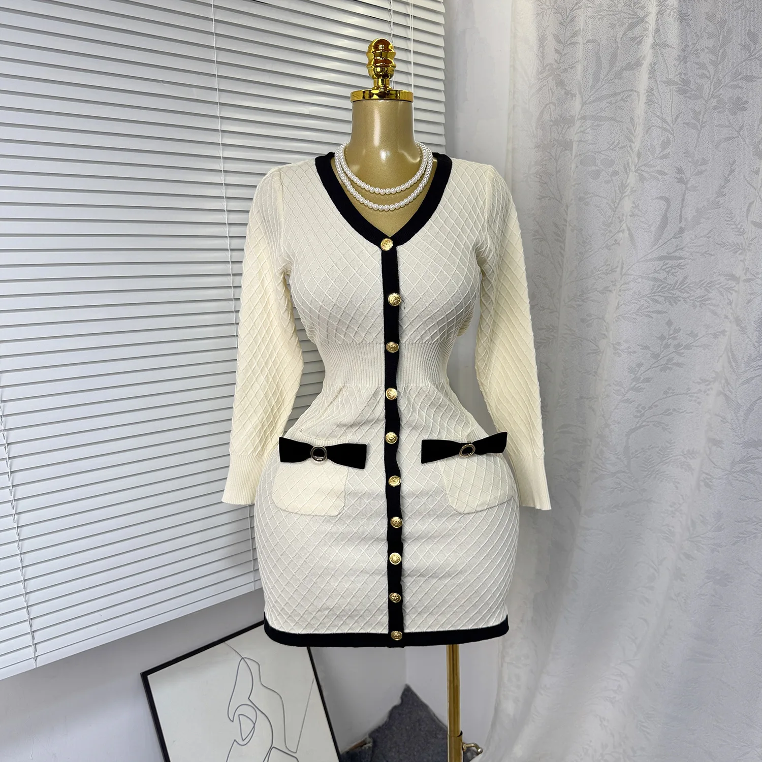 Vestidos femininos vestido de malha arco bolso cor bloqueada decote em v mangas compridas único breasted cintura cinched magro 2025 outono inverno