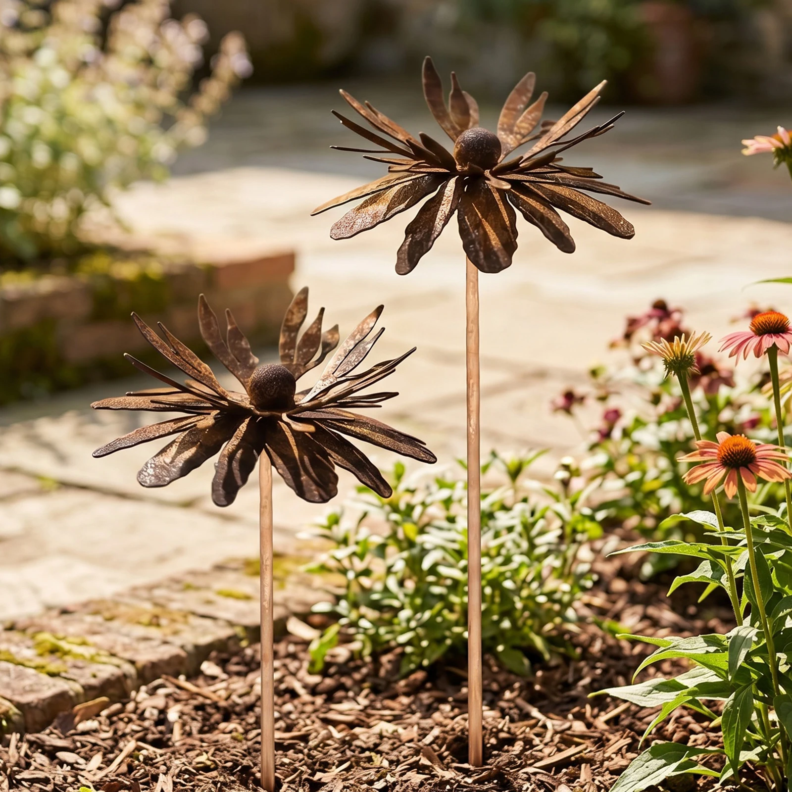 Iron Wavy Curved Petal Iron Floral Sculpture Tool-Free Rust Finish Iron Lawn Ornament Rustic Cornflower Stake for Garden