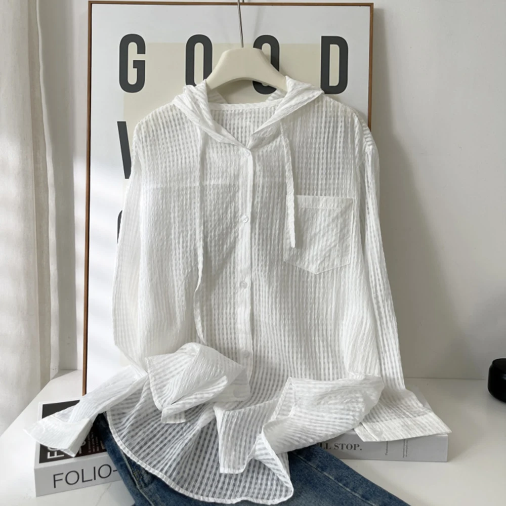 

Elegant Women Hooded Shirt Plaid Print Long Sleeve One Breasted Loose Sun-proof Cardigan Female Spring Summer Casual Blouses