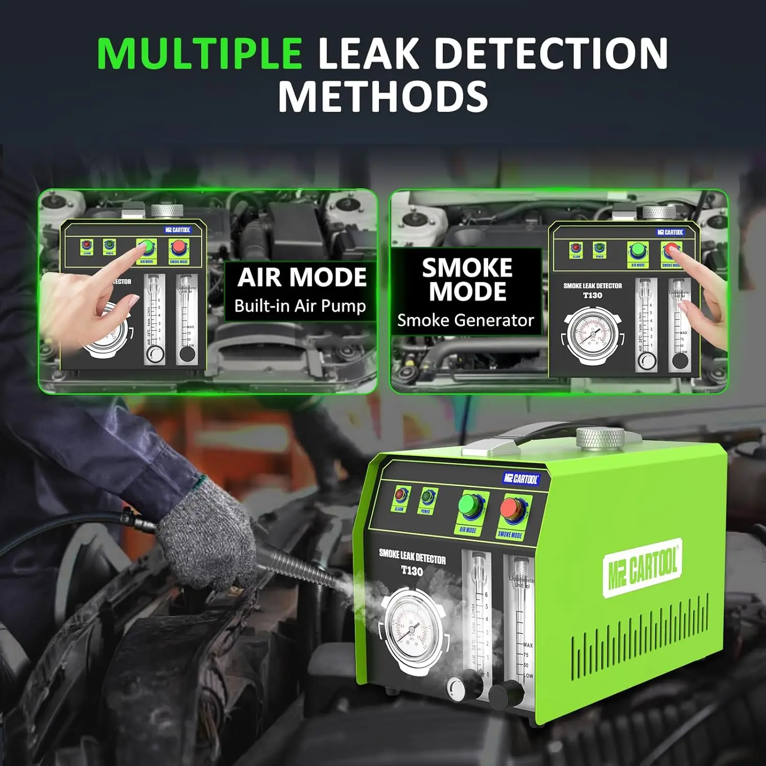 Smoke Machine, Dual Mode 12V Car Fuel Pipe System Leak Tester Detector with Oil Level and Adjust