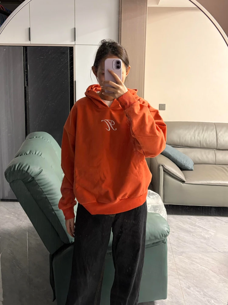 Retro americano carta logotipo design laranja fce hoodie feminino outono inverno novo sle isolado moletom com capuz solto ajuste