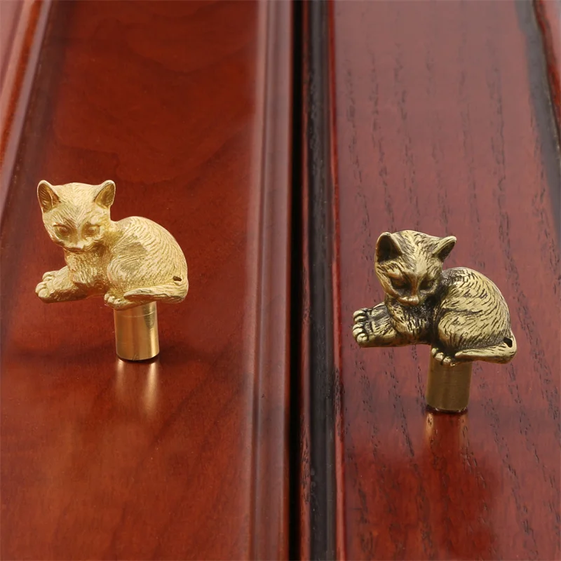 Retro Brass Furniture Handles Animals Fluffy cat Cabinet Pulls For Kitchen Wardrobe Cupboard Closet Handles Drawer Knobs Decor