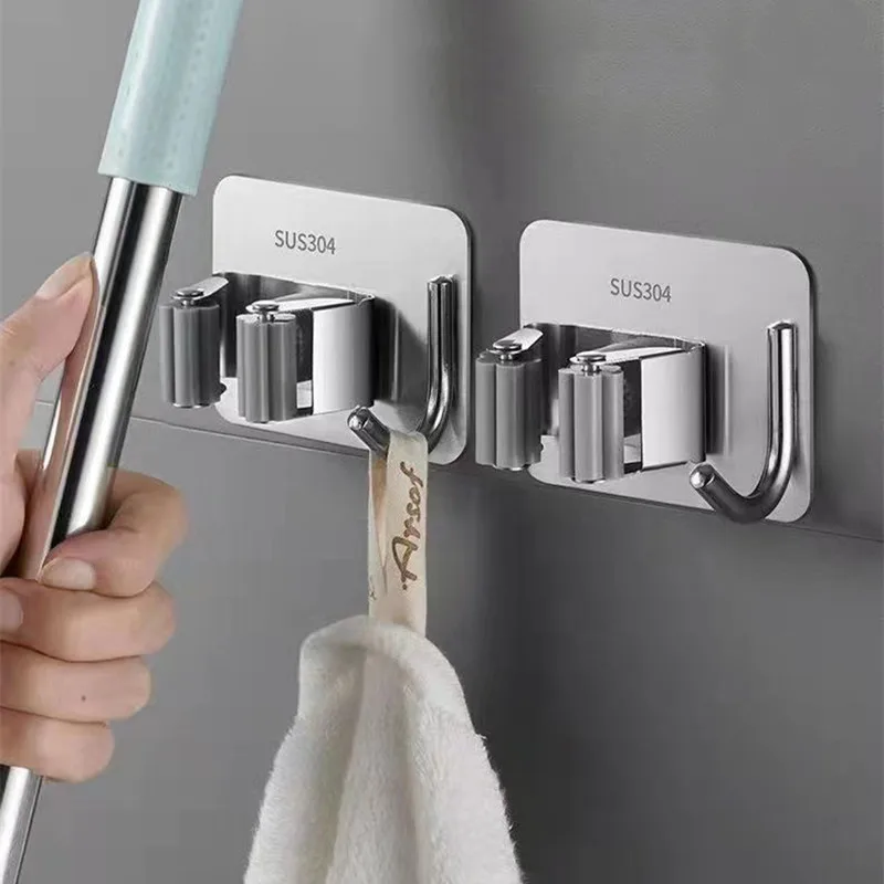 1/2pc Stainless Steel Mop Clip Holder Hook Bathroom Storage Rack Adhesive Wall-mounted Mop Storage Rack Waterproof Broom Hangers