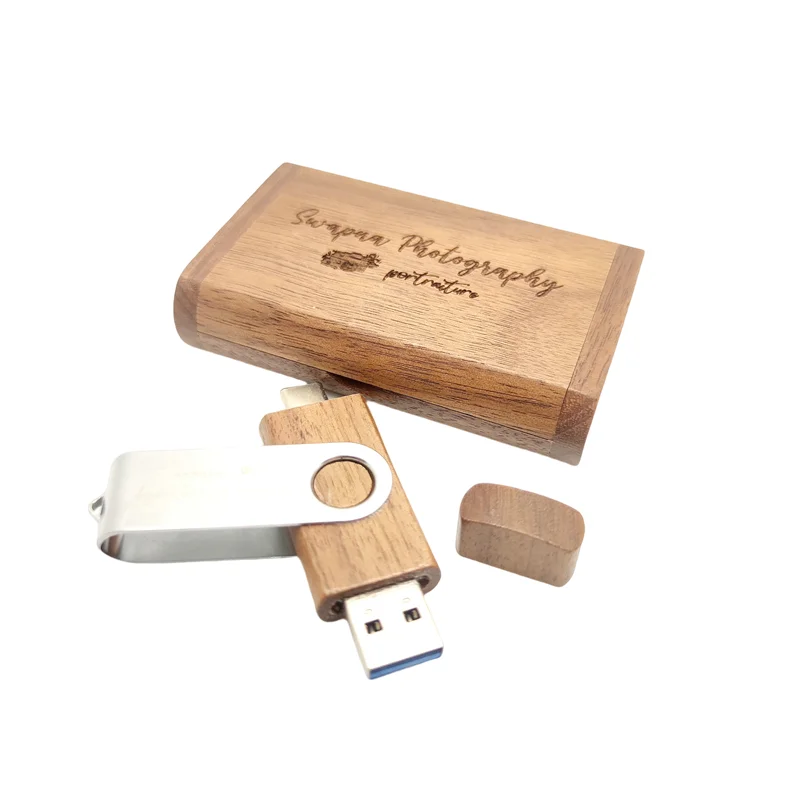 Free Custom Laser Engraving LOGO Metal Clip Walnut USB2.0 and TYPE-C Flash Drive and Wooden Box 8GB 16GB 32GB 64GB 128GB