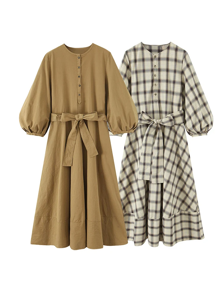 Sukienka damska z bufiastymi rękawami, jesienna, luźna, w kratę, midi, z paskiem.