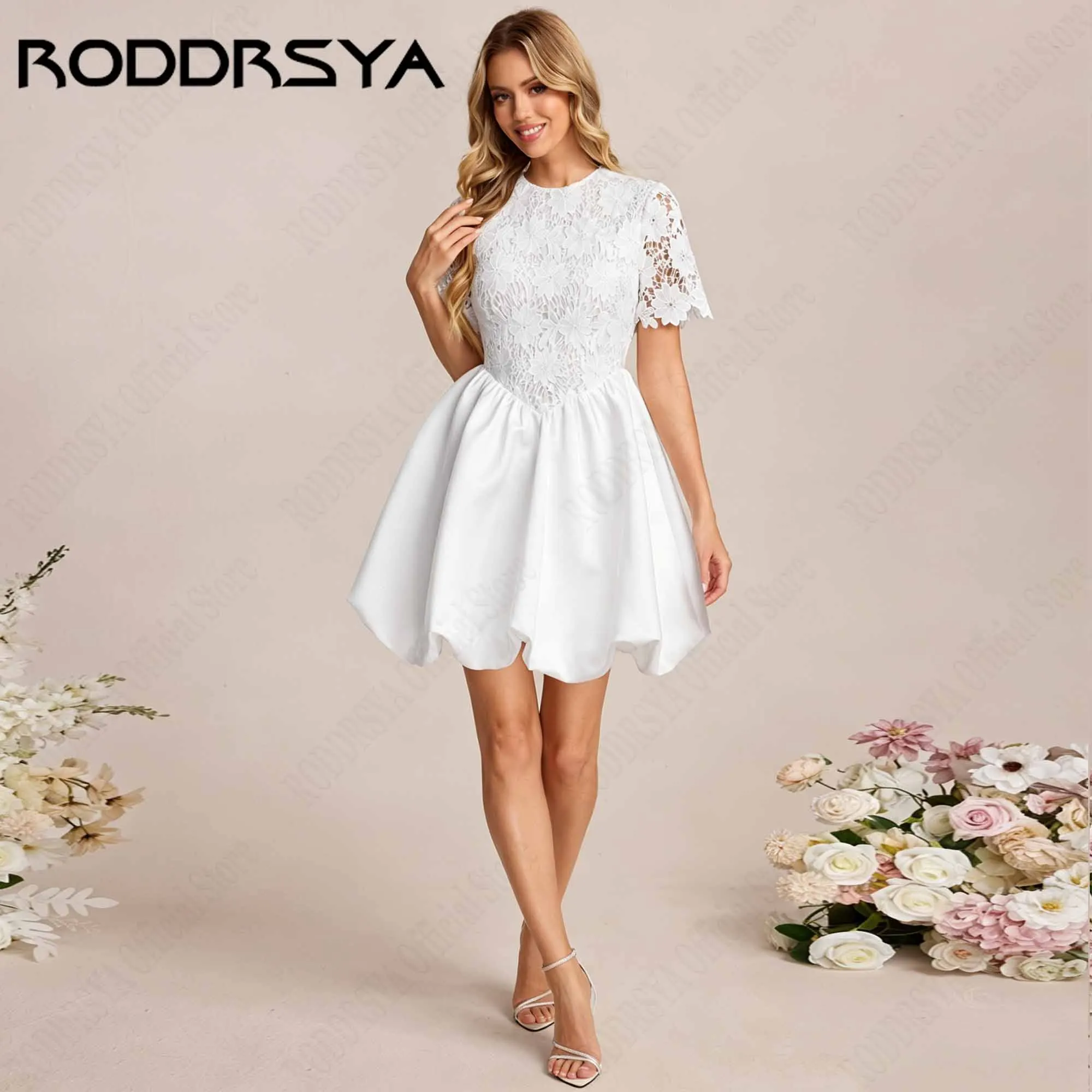 RODDRSYA Floral Lace Short Sleeve Wedding Dress O-Neck Satin A-Line Mini Classic Bridal Party Gown vestidos de novia Customized