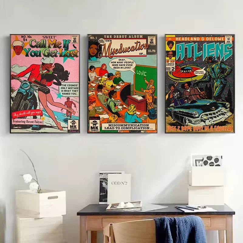 Retro Hot Rapper Black Hip Hop Singer Comics Style Music Album Aesthetic Wall Art Poster Printed Canvas Painting Home Decor