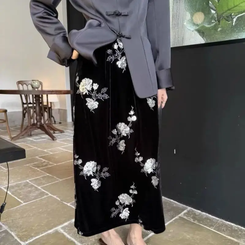 

Новая элегантная юбка с цветочной вышивкой и пайетками, женская роскошная осенняя китайская бархатная юбка трапециевидной формы для вечеринок, модная одежда для вечеринок Jupe