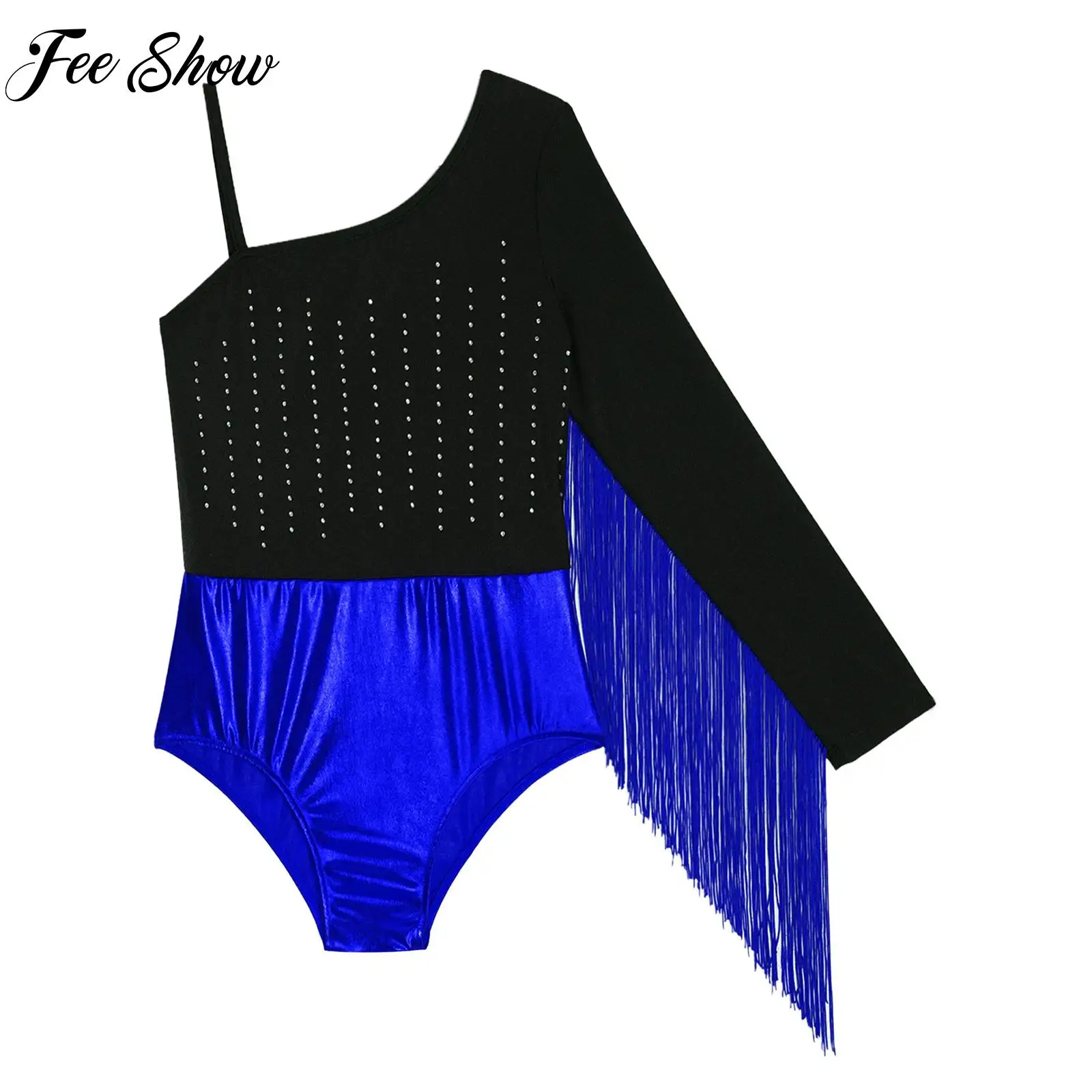 Justaucorps de danse latine pour enfants, pour filles, à franges, manches longues, strass, vêtements de danse pour Cha-Cha Tango Rumba Samba Performance