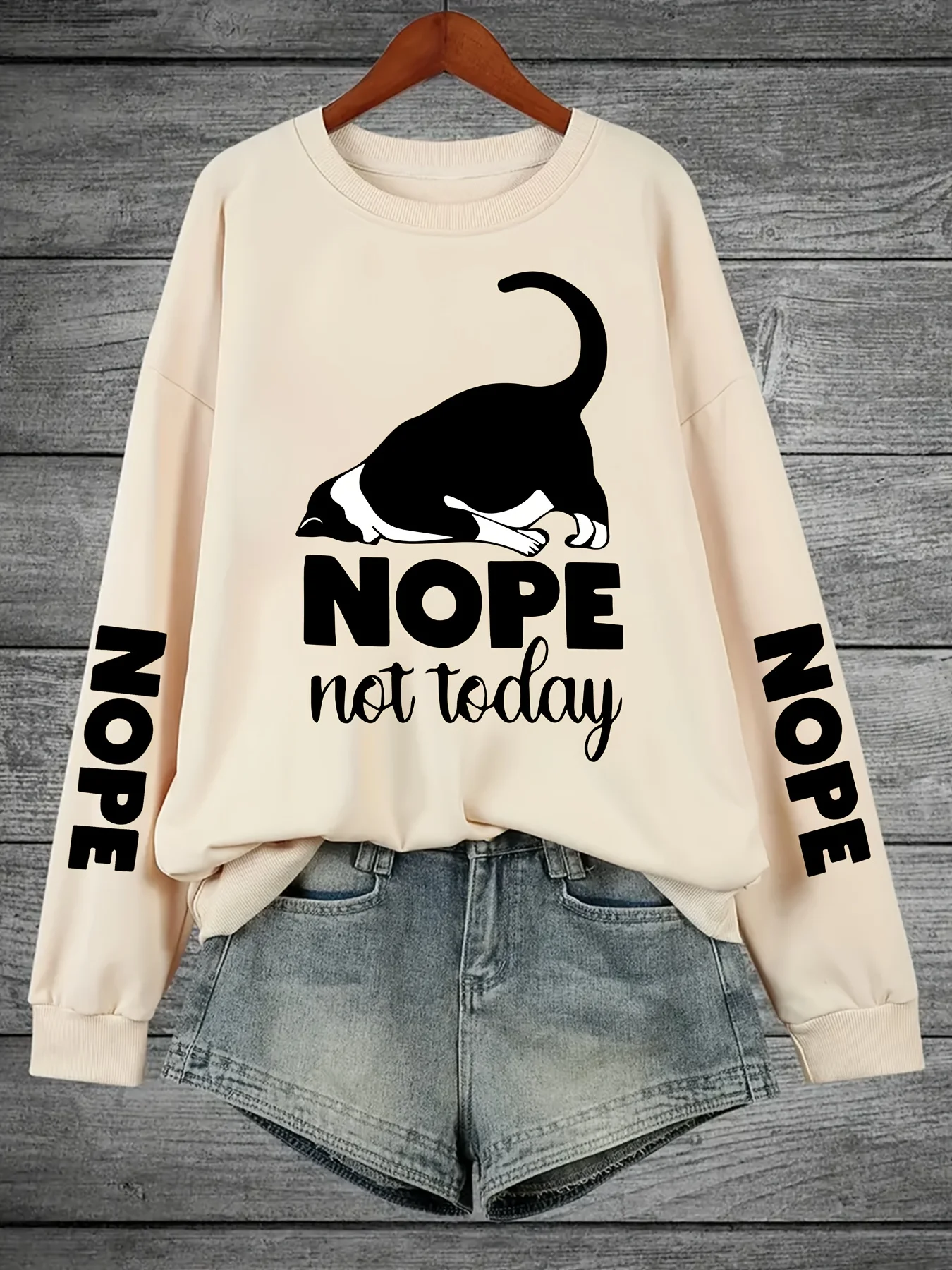 Casual warme damessweater met katten- en letterprint, comfortabel plus fluwelen sweatshirt met lange mouwen en ronde hals