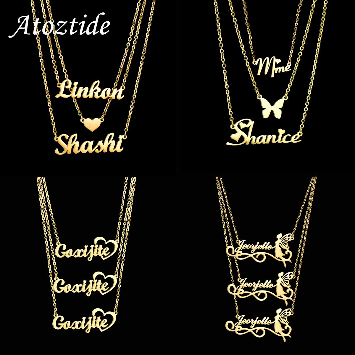 Atoztide Personalized Customized 3 Layer Names Pendant Necklace Stainless Steel Link Chain for Men Women Christmas Jewelry Gift