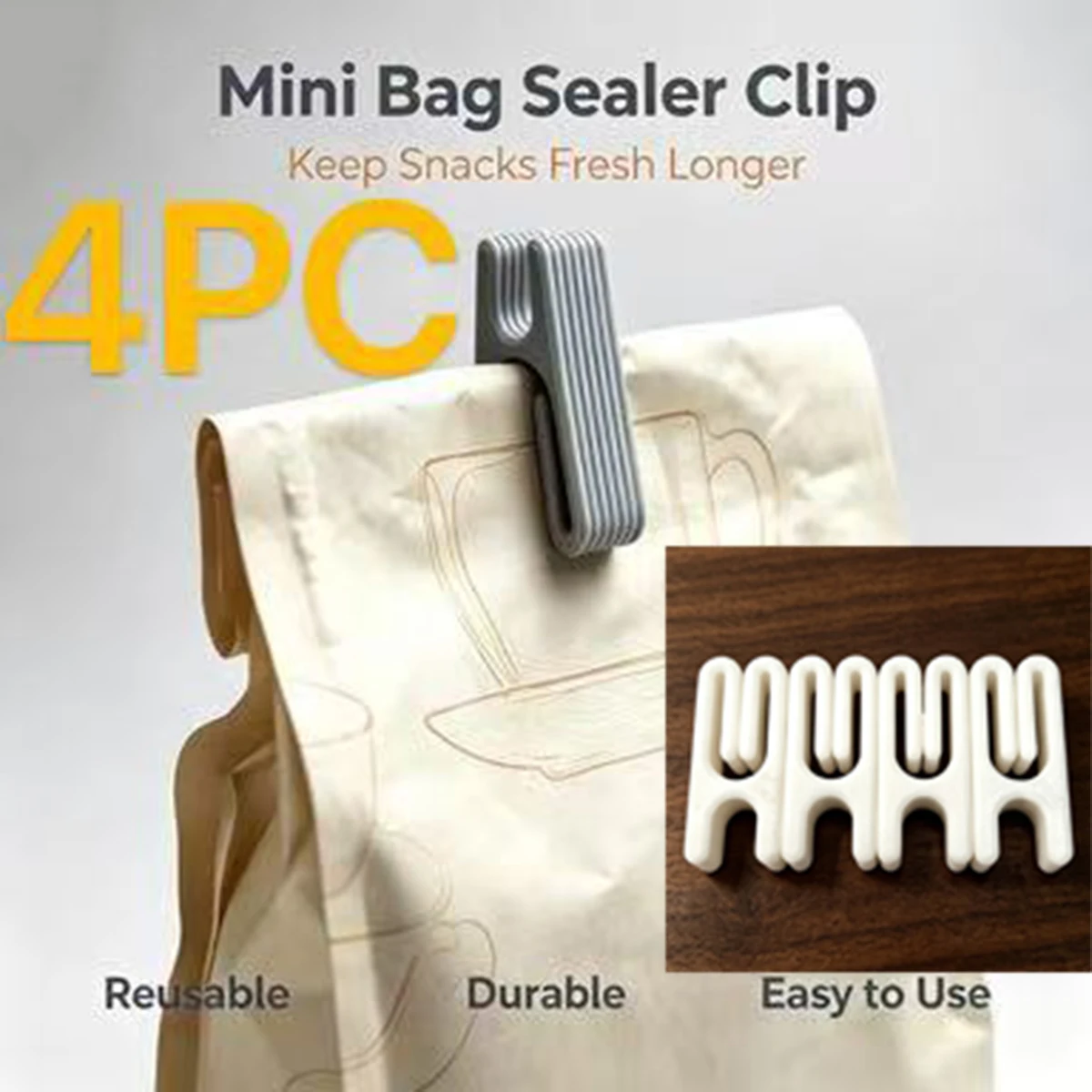 White Mini Bag Sealing Clips, Set of 4, Non-Slip and Durable Food Bag Sealing Clips, Moisture-Proof and Fresh-Keeping Clips for Snacks, Tea, and Cereal Packaging Bags, Household Kitchen Mini Sealing Clips