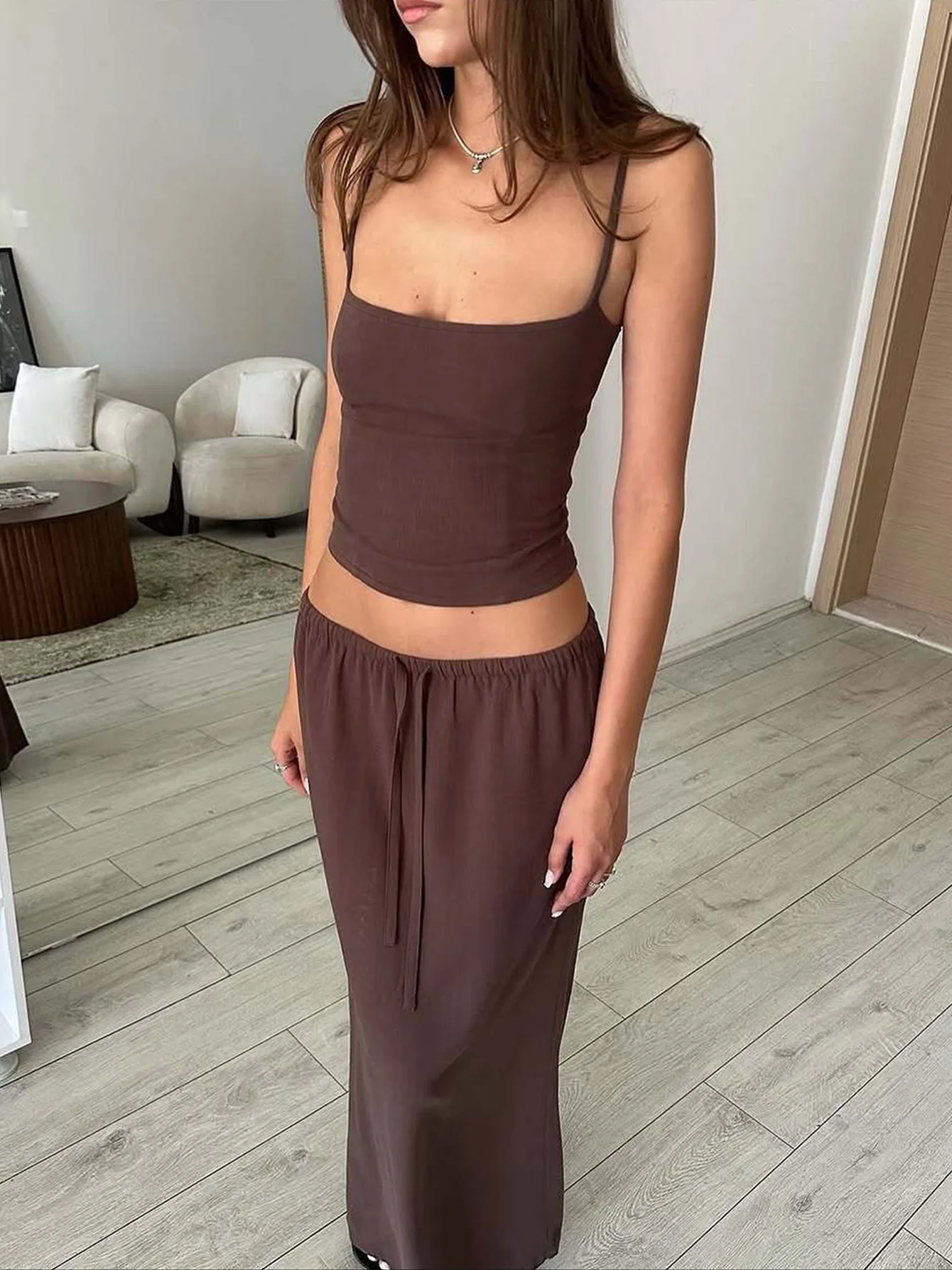 Hugcitar Fashion 2 Pcs Sets Solid Slips Backless Sexy Crop Camis Top Drawstring Maxi Skirt Summer Women Outfits Beach Vacation
