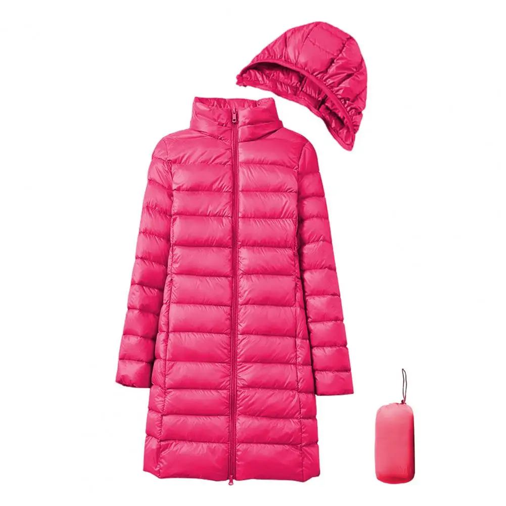 Manteau en duvet rembourré épais pour femme avec capuche en peluche, sac de rangement, mi-long, vêtements d'extérieur pour la météo