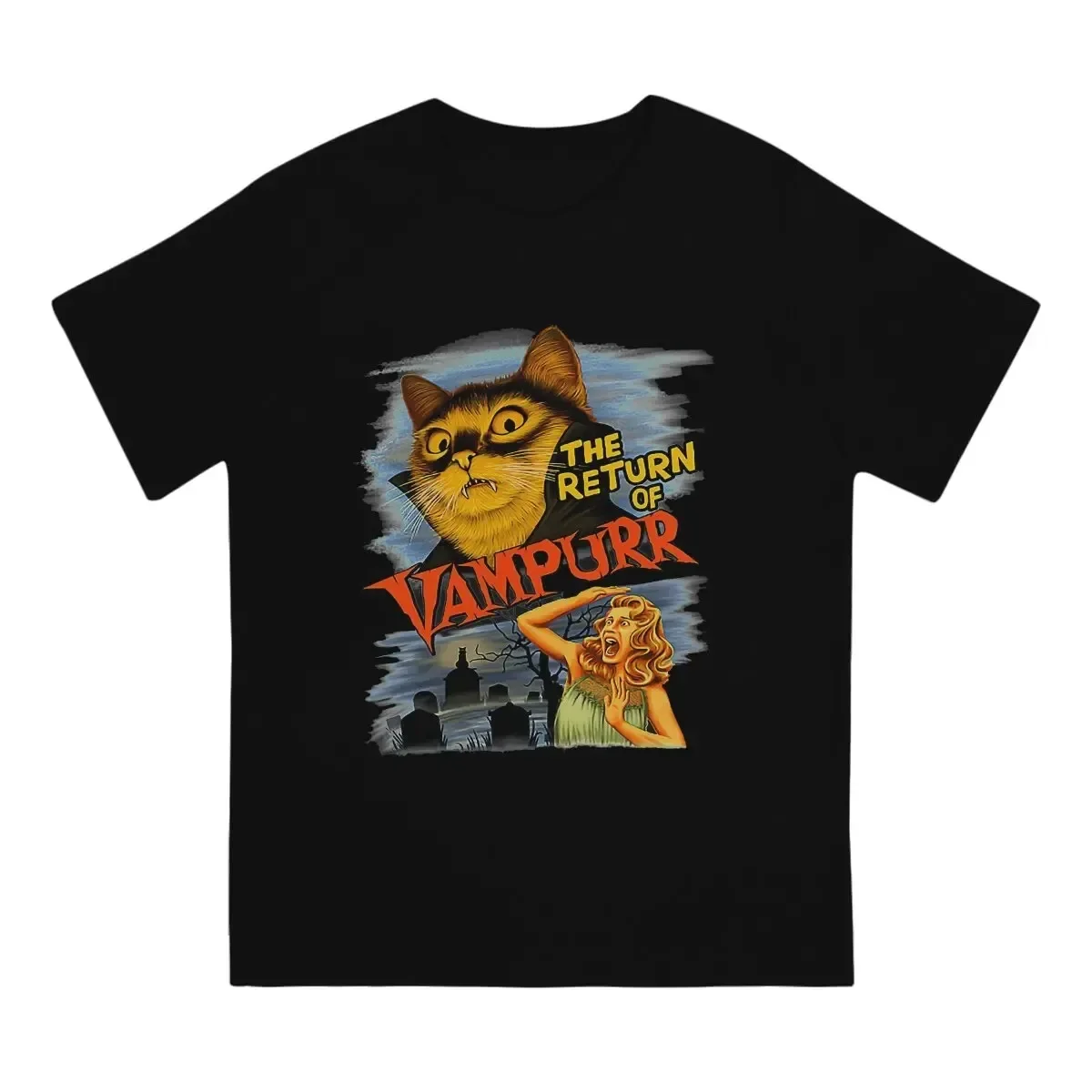 2024  Summer Cat Vampire Men's T Shirts Cat The Return of Vampurr Funny Tees Short Sleeve Round Collar T-Shirt Cotton Tops