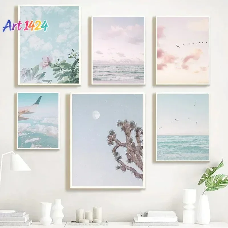 Birds Flying Blush Pink Blue Sky Pastel Cloud Sunset Posters Wall Art Pictures Canvas Painting Living Room Home Decor Gift