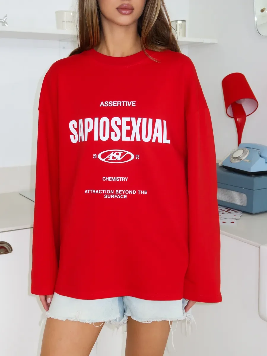 100% Cotton Women Red T‑Shirt Retro Text Letter Graphic Print Long Sleeve Loose Oversized Autumn Streetwear Ladies Top