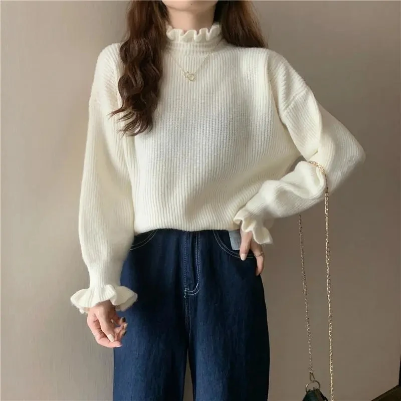 Women Autumn Winter Pullover Female Wooden Ear Korean Lantern Sleeve Sweater Students Loose Warm Knitted Bottom Jumper Top