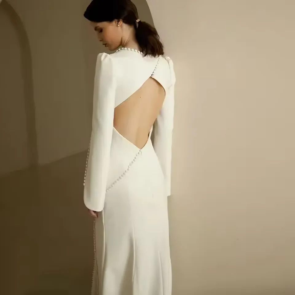 رومانسية 2025 حورية البحر مخصصة س الرقبة طويلة الأكمام عارية الذراعين زر فساتين الزفاف فستان عروس للنساء Vestido De Noiva