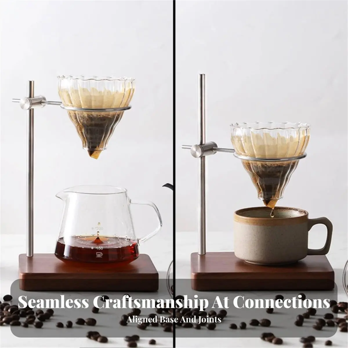 Wood Base Pour-over Dripper Stand Stainless Steel Adjustable Coffee Intended for Home Brewing, Drip Stand