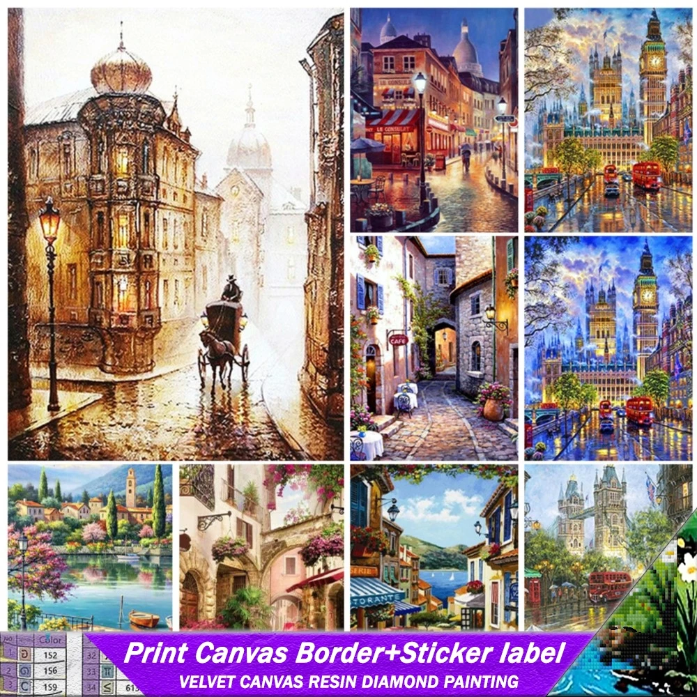 5D Resin Diamond Painting With Sticker Retro Street  Full Sqaure Mosaic Painting Kits Rhinestone Embroidery Home Decor DIY