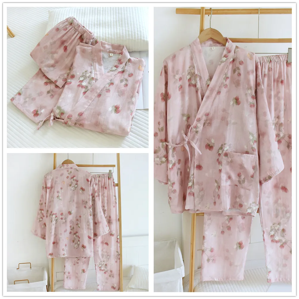 Comfortable Loose Homewear Sleepwear Set Japanese Style Women Print Cotton Kimono Pajamas Set Robe with Pants