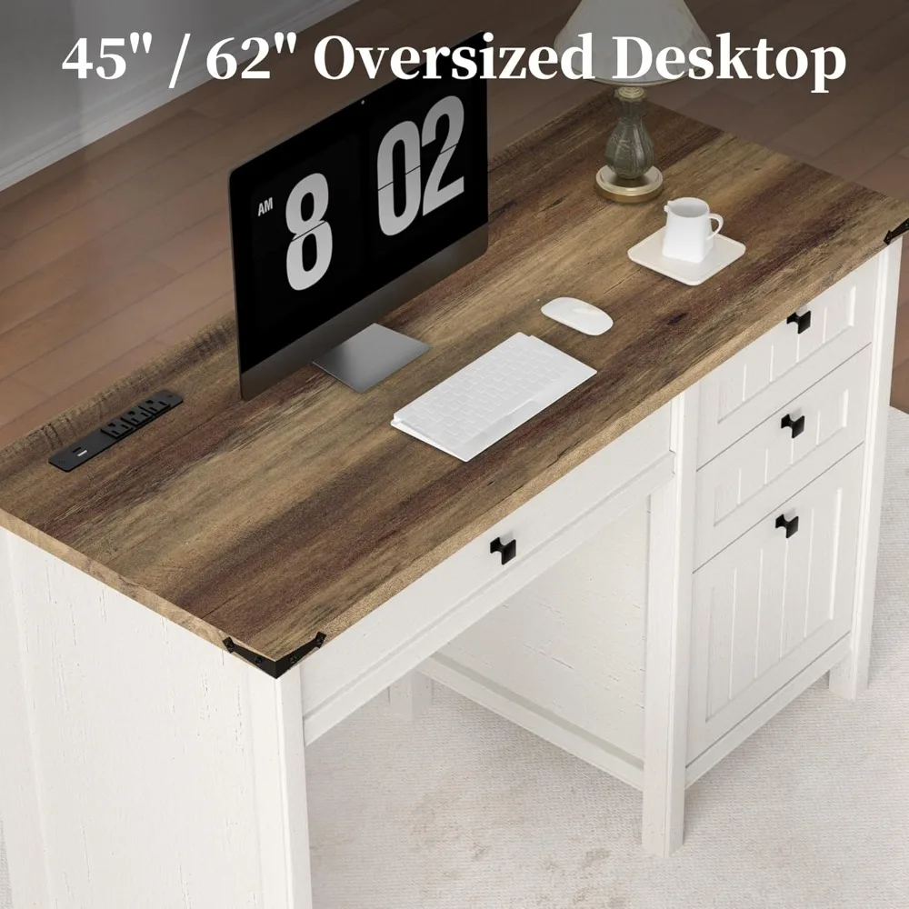 مكتب تنفيذي، مكتب كمبيوتر المزرعة مع أدراج وخزانة، مكتب منزلي لمساحة عمل الكتابة ودراسة العمل (أبيض، 45 بوصة) #4