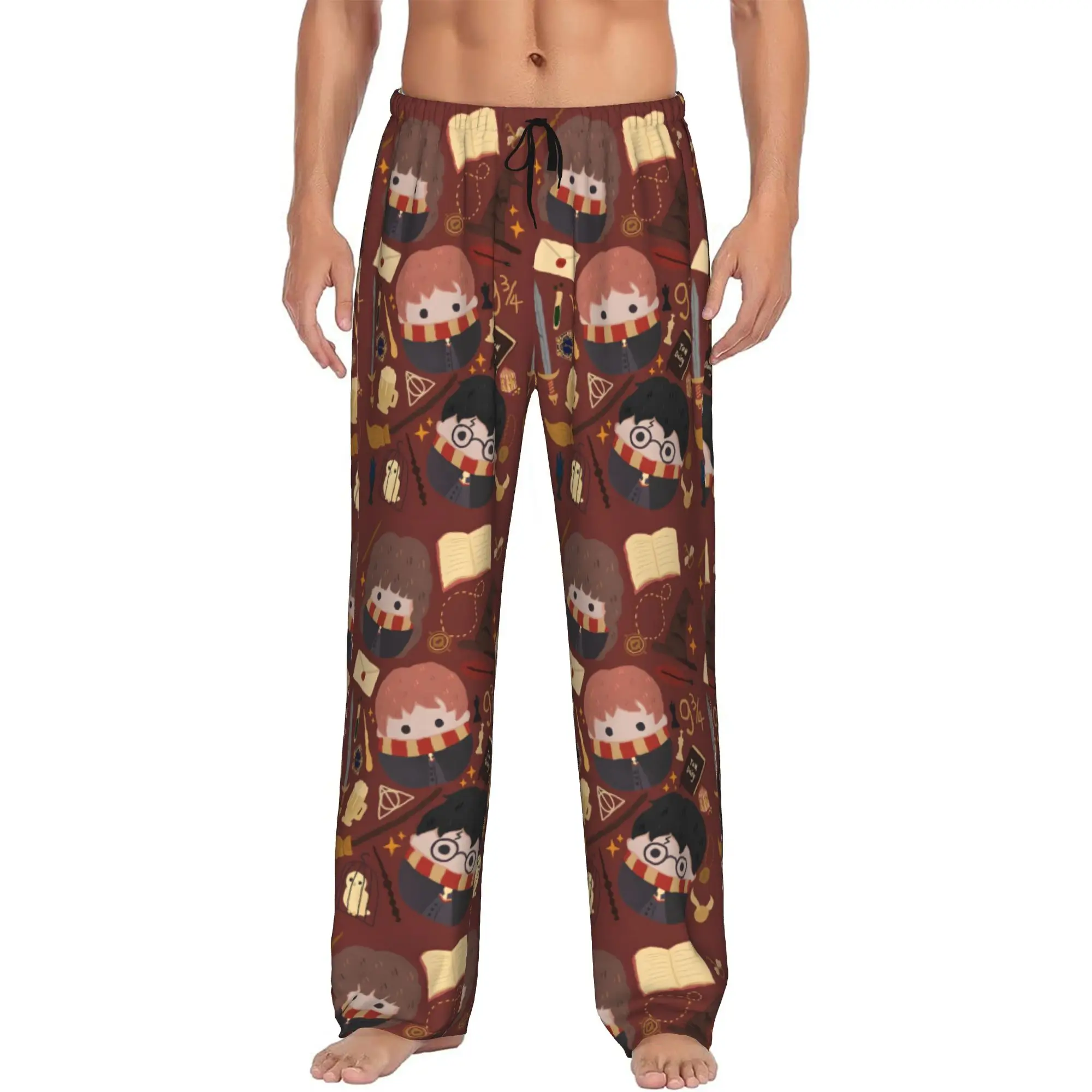 Custom Printed Men H-Harryed Halloween Pajama Pants Magic School Sleepwear Sleep Lounge Bottoms with Pockets