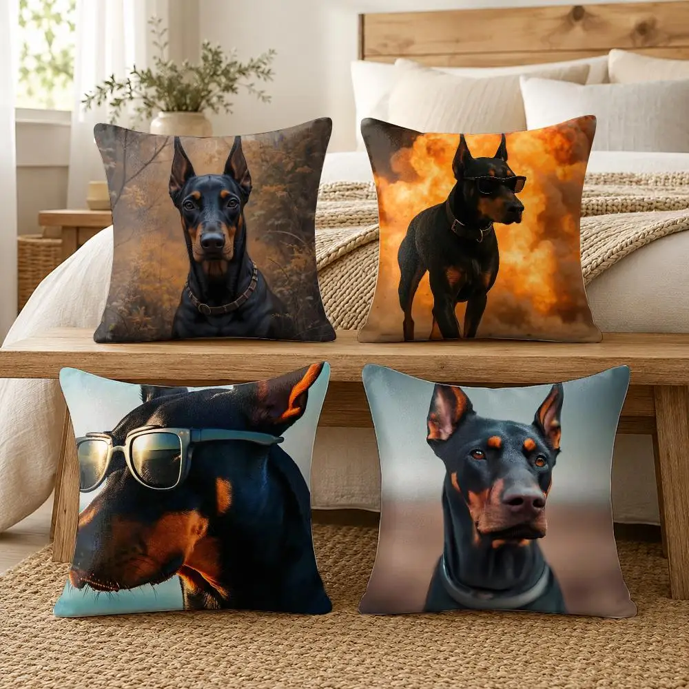 Handsome Doberman Artwork Cushion Cover Soft Short Plush Pillow Cover Smooth Cozy Texture Cushion Case Home Decor