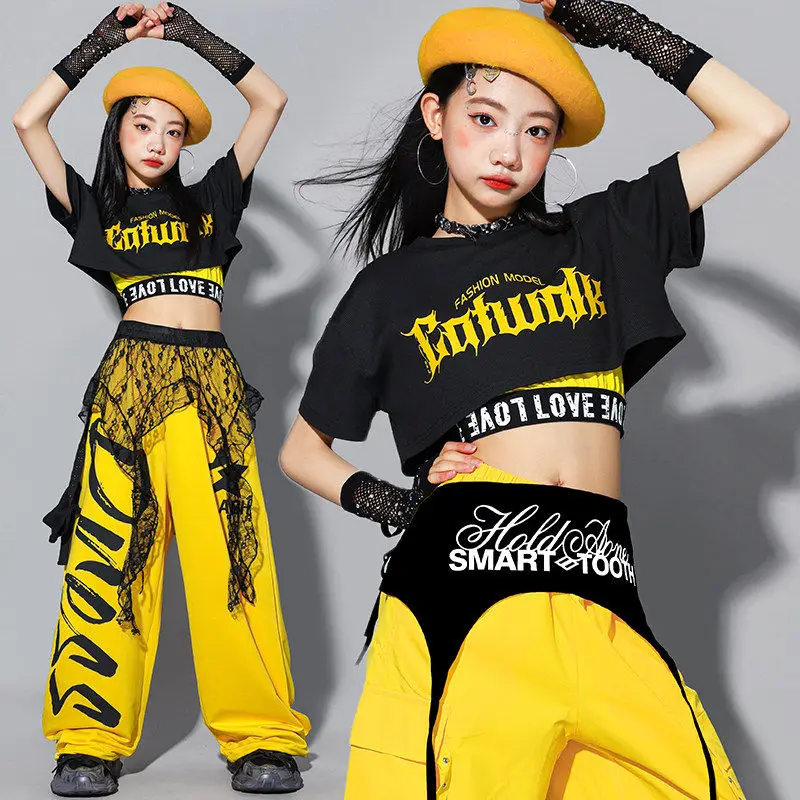 

Одежда для джазовых танцев для девочек, черно-желтый костюм для выступлений, модная одежда для шоу Kpop, укороченный топ, свободные брюки, уличная одежда AMY3392